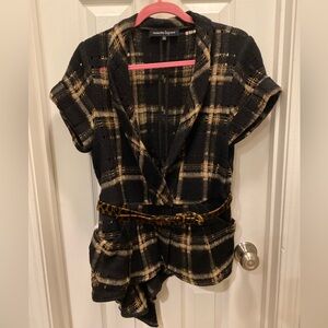 Nanette Lepore Brown Black Plaid Fleece Wool Short Sleeve Blouse Jacket Size 10